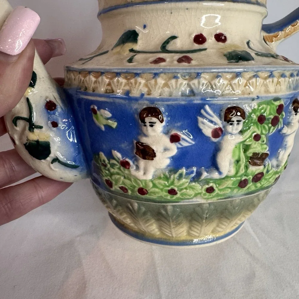 Vintage Japanese Relief Majolica Glazed Floral & Cherub Angels Teapot‎
